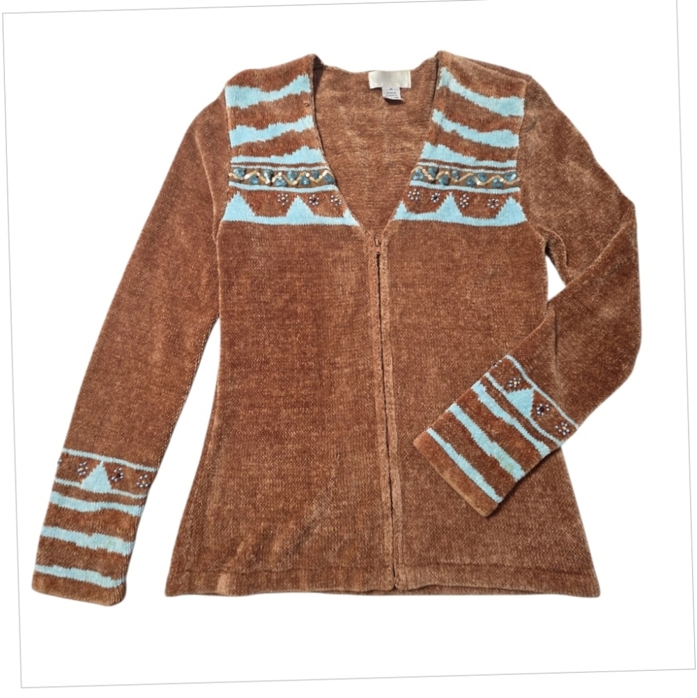 Soft Surroundings Cardigan Sweater Chenille Zip Front Women's Sz M Embellished